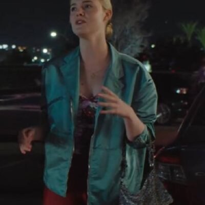 Margos Got Money Troubles Elle Fanning Green Satin Jacket s1