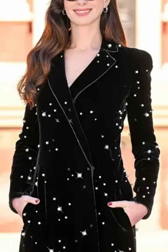 Anne Hathaway Black Embellished Coat