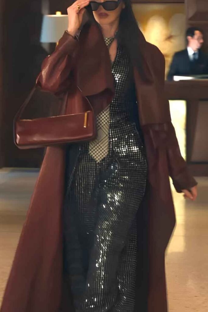 Anne Hathaway Burgundy Leather Coat